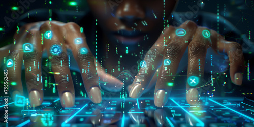 View on african american woman hands above blue control screen who controlling different symbols in sci-fi style