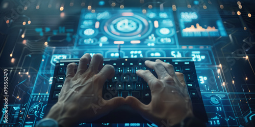 View on man hands typing on dark keyboard on dark blue screen with different bright symbols in sci-fi style