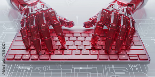 View on red robot hands typing text on red keypad on white table in sci-fi style