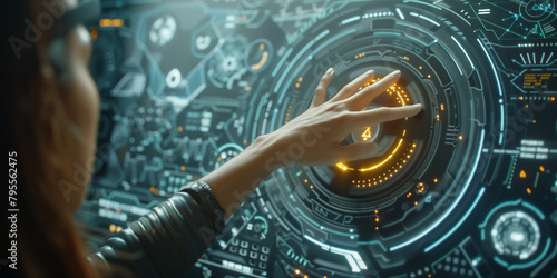 Woman pressing on yellow button on the control panel in sci-fi style
