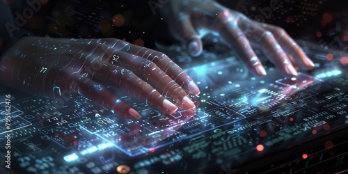 Woman hands above big digital screen with many symbols and dates in sci-fi style