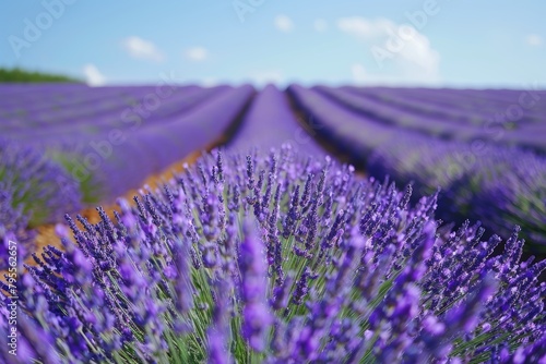 A tranquil lavender field  with rows of fragrant flowers stretching toward the horizon