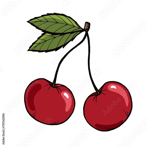 Hand drawn illustration. Two bright delicious ripe red cherries on a branch with a leaf isolated on a white background.