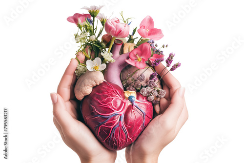 Hand-holding Heart organ with blooming flowers isolated on a transparent background. organ donation and volunteer concept. photo