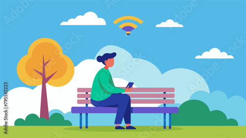 A person sits on a park bench their head tilted up towards the clouds as they receive a wireless neural energy boost from a passing drone enhancing.