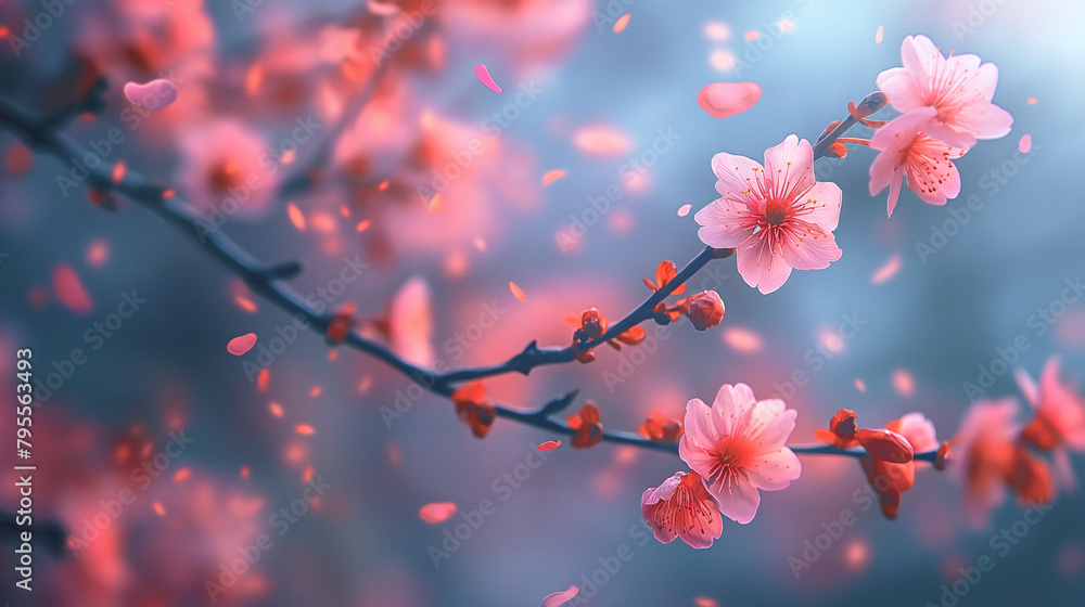 A branch covered in delicate pink flowers blooming against a blurred background. A branch covered in delicate pink flowers blooming against a blurred background.