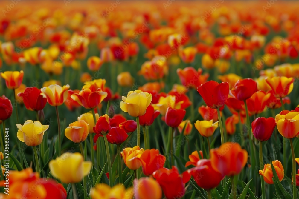 A vibrant field of tulips, with colorful blooms stretching to the horizon