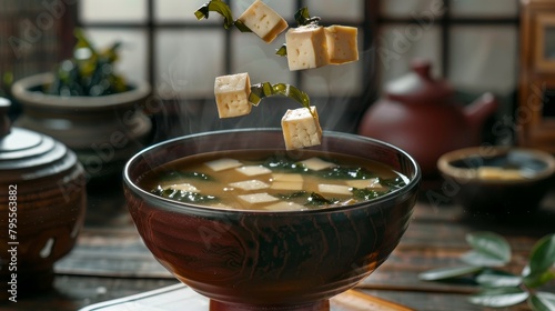 A bowl of miso soup spinning, with tofu and seaweed gracefully floating out, set against a traditional Japanese decor backdrop,