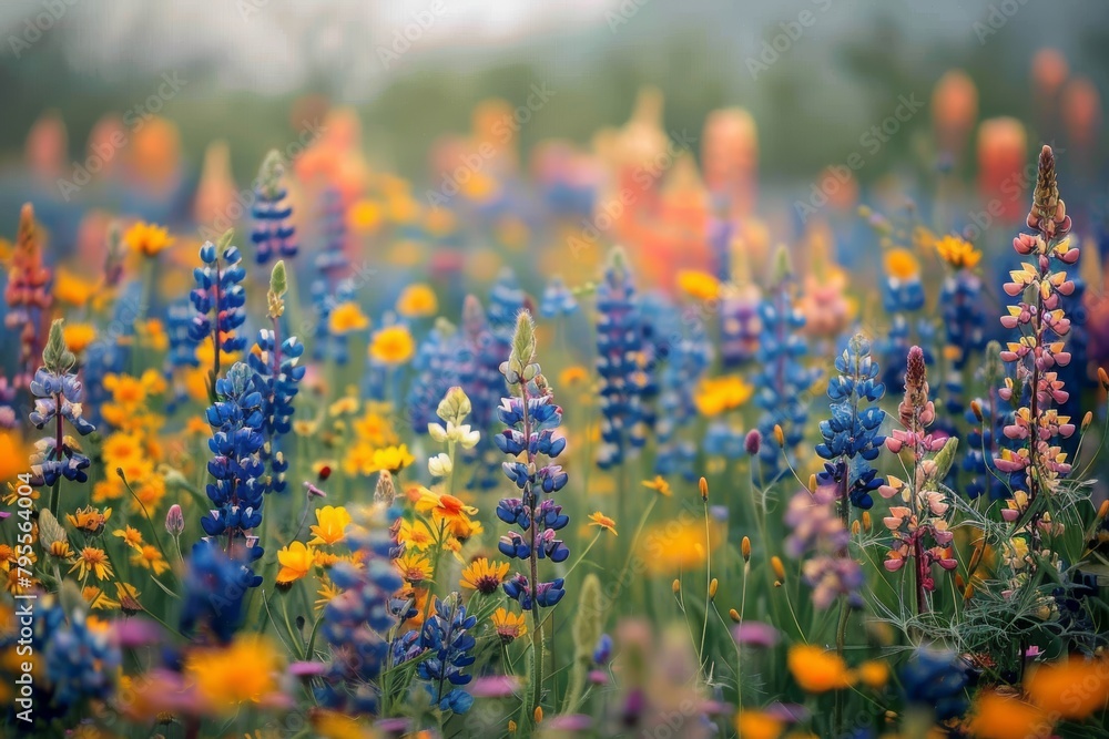 A vibrant field of wildflowers, with colorful blooms stretching as far as the eye can see A vibrant field of wildflowers, with colorful blooms stretching as far as the eye can see