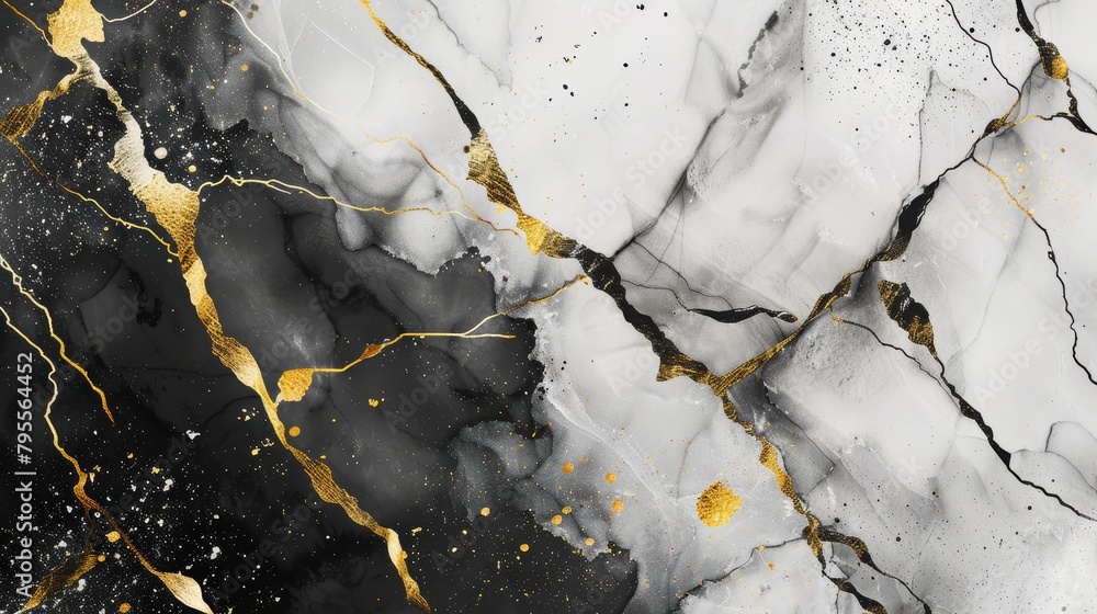 Elegant and modern illustration featuring a black and white marble texture with delicate gold crack details, adding a touch of luxury