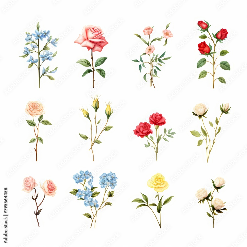 Beautiful array of watercolor roses, each bloom depicted in subtle, gentle colors, isolated against a white background, water color, drawing style, isolated clear background Beautiful array of watercolor roses, each bloom depicted in subtle, gentle colors, isolated against a white background, water color, drawing style, isolated clear background