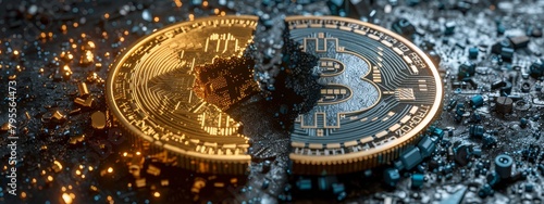 A conceptual image of a Bitcoin being literally split into two halves, with digital and futuristic elements surrounding it, symbolizing the halving event. photo