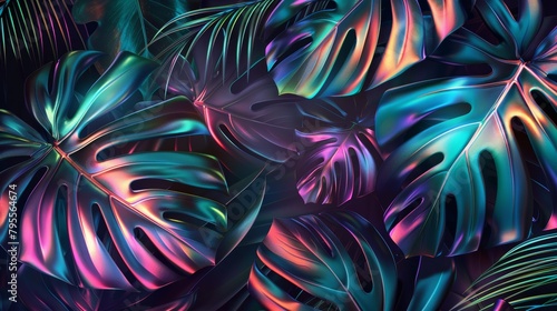 Colorful neon depiction of Monstera deliciosa leaves, set in a lush tropical forest backdrop for artistic designs