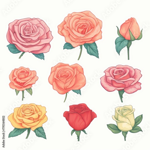 Wallpaper Mural Detailed and tender collection of watercolor roses, with each bloom individually isolated on a clear, white background, water color, drawing style, isolated clear background Torontodigital.ca