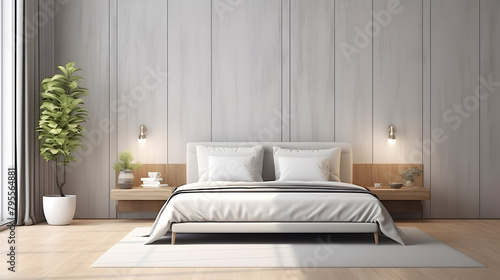 Contemporary Bedroom Mockup With Wooden Wall And Stylish Side Table 3d Render Background, Luxury Living Room