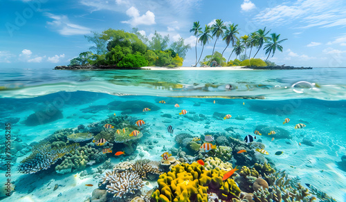 A tropical island with clear blue water and colorful coral reefs, showcasing the beauty of underwater life in an oceanic paradise
