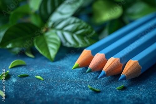 Close-up of blue pencils and greenery