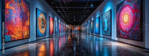 A futuristic art gallery exhibiting pieces inspired by Bitcoin and its halving phenomena. photo