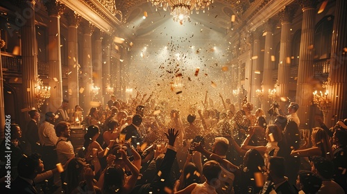 A grand ballroom filled with exuberant party-goers and cascading confetti, capturing a moment of joyous celebration, suitable for event and festive themes