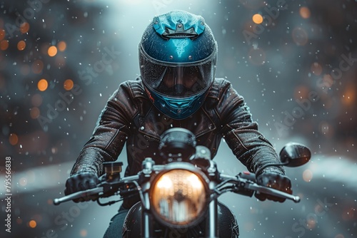 Biker facing winter snow in a calm stance