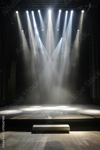 A clean and modern stage environment, with soft overhead lighting casting a gentle glow on the raised platform, inviting performers to take the spotlight.