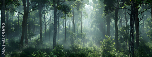 A dense forest with tall trees and sunlight filtering through the leaves, creating an enchanting atmosphere