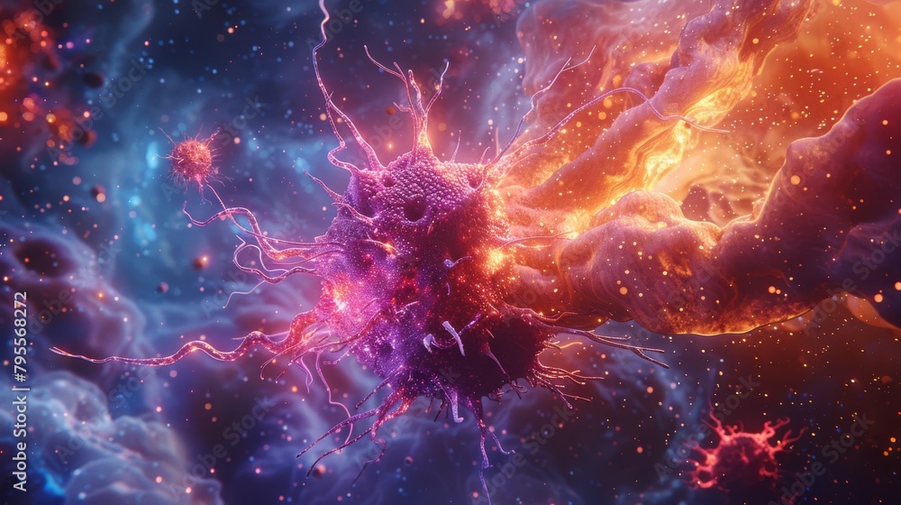Vivid depiction of a virus engaging with human immune response, illustrating healthcare themes and biological defense mechanisms. Vivid depiction of a virus engaging with human immune response, illustrating healthcare themes and biological defense mechanisms.