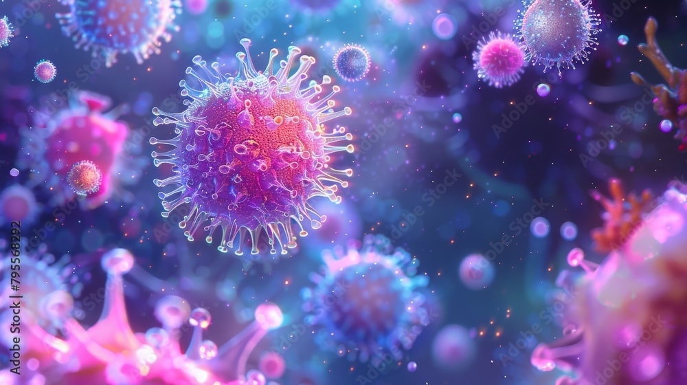 Detailed 3D rendering of virus particles with glowing elements, representing infection and microbiology studies in a vivid setting.