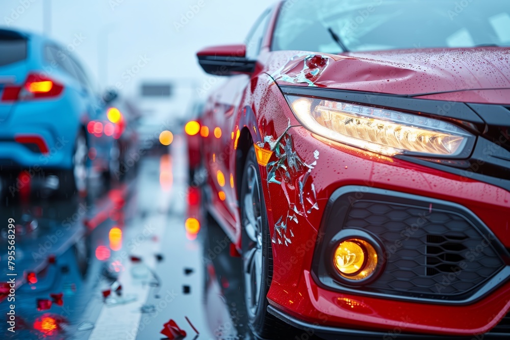 Close-up of wet red car in traffic jam