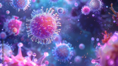 Detailed 3D rendering of virus particles with glowing elements, representing infection and microbiology studies in a vivid setting.
