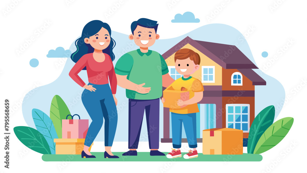 child family box home house moving happy apartment pregnant mother father daughter relocation new property parent pregnancy, flat design simplistic vector illustration