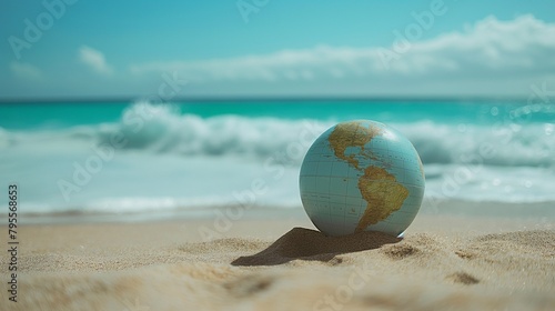 An ocean backdroped by a globe in the sand