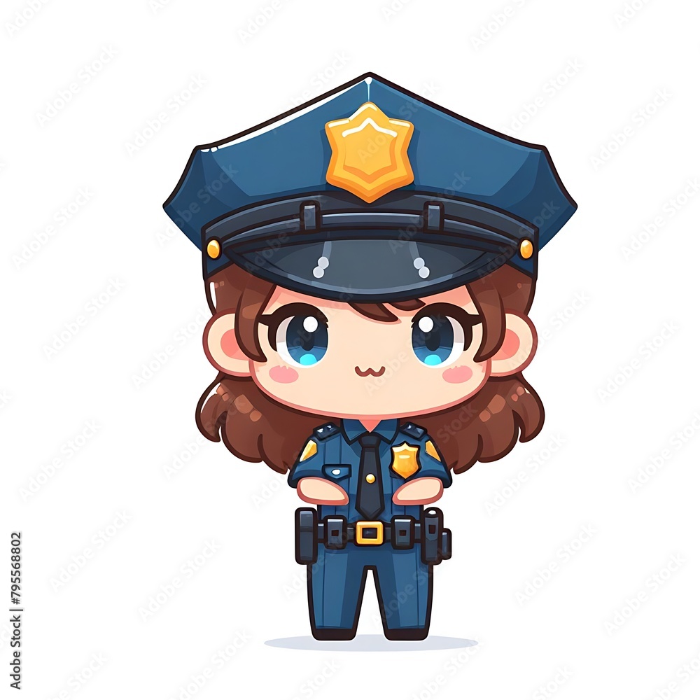 Cute policeman standing with arms on back cartoon character. People profession concept design. Isolated white background. Vector art illustration. Adorable chibi flat cartoon style Cute policeman standing with arms on back cartoon character. People profession concept design. Isolated white background. Vector art illustration. Adorable chibi flat cartoon style