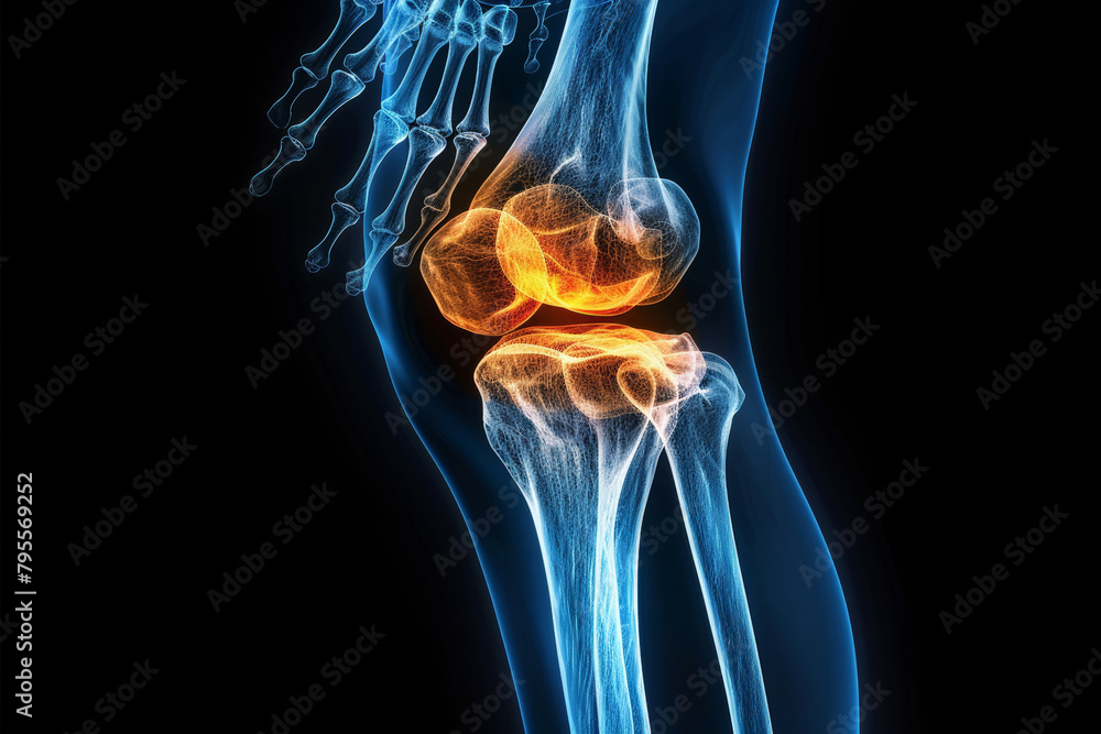 Human leg, x ray and knee on dark background with glow of bone for exam ...