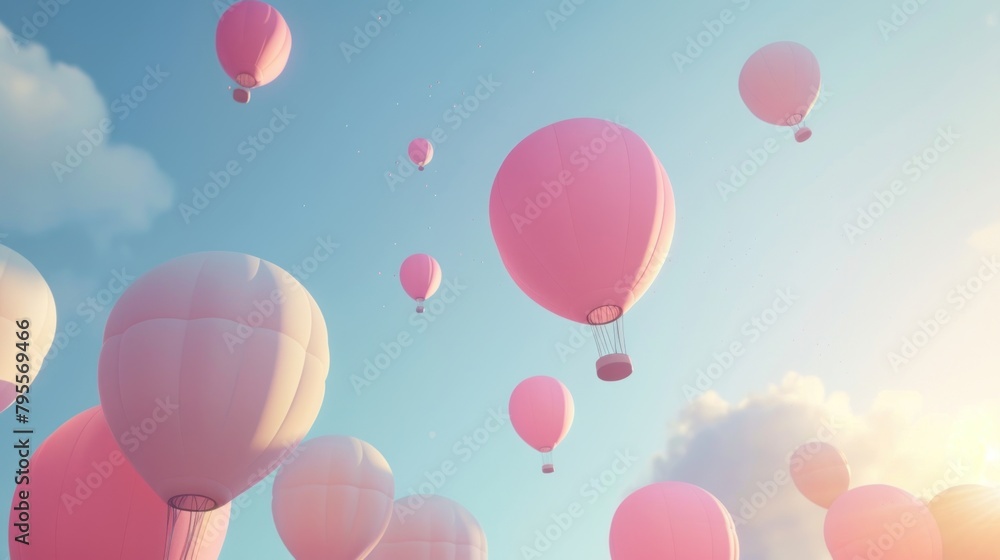 A bunch of pink and white hot air balloons floating in the sky. Concept of freedom and joy