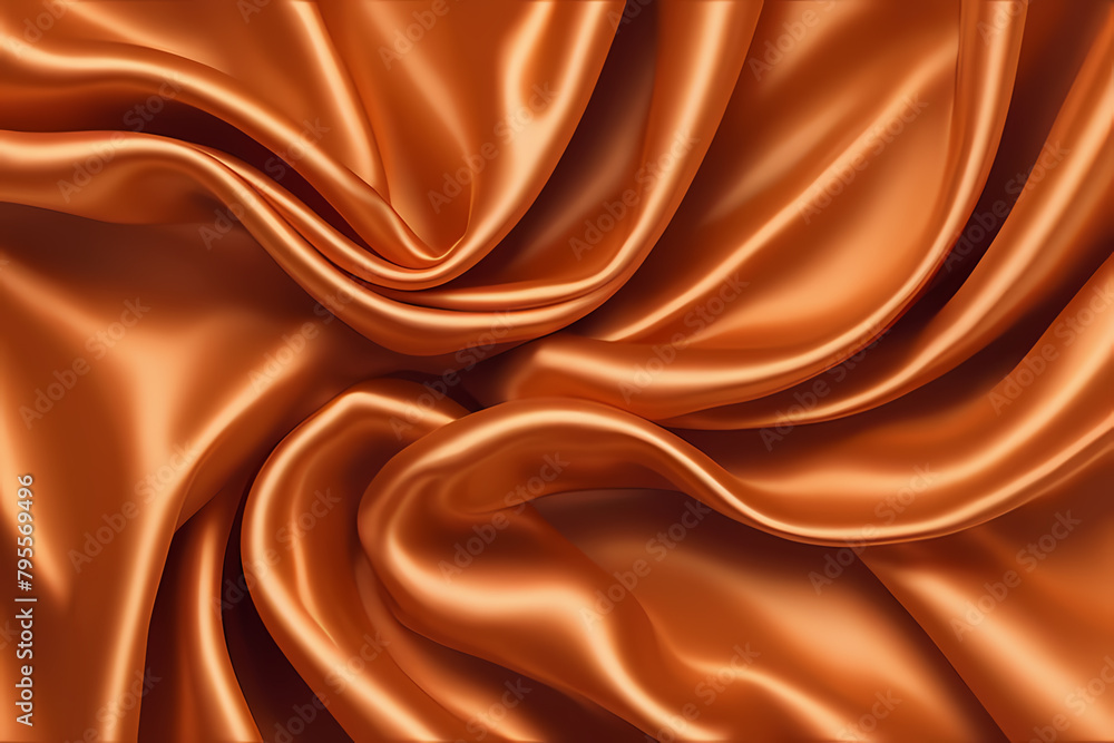Fototapeta premium Orange silk fabric luxury background. Wavy abstract satin cloth texture pattern. Smooth shiny drape material curtain.