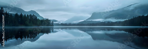 A panoramic view of the lake, reflecting misty mountains and dense forests