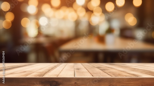 The empty wooden table top with blur background of cafe. Exuberant image. generative ai