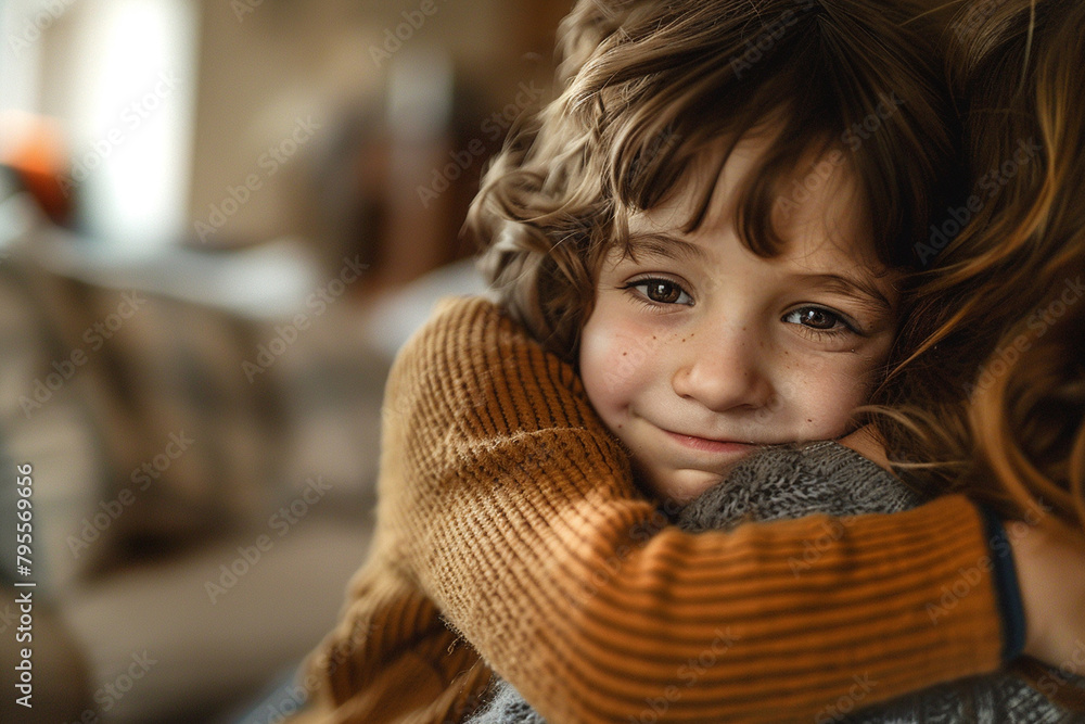 Little son hugging their mother. Blurred living room on background. Little son hugging their mother. Blurred living room on background.