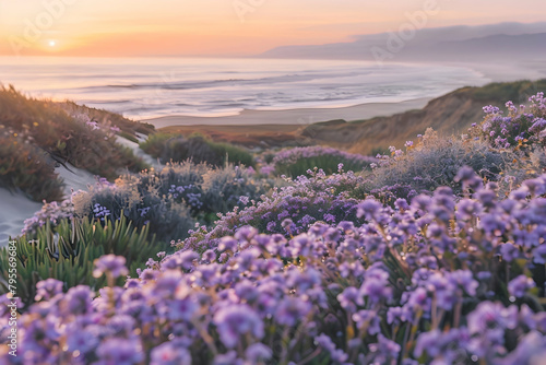 A sea of purple flowers on the dunes at sunset  overlooking an ocean view with sand and fog