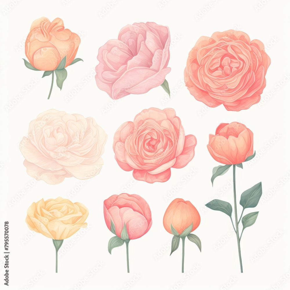 Elegant collection of roses in watercolor, featuring soft pastel tones, each flower meticulously isolated on white, water color, drawing style, isolated clear background