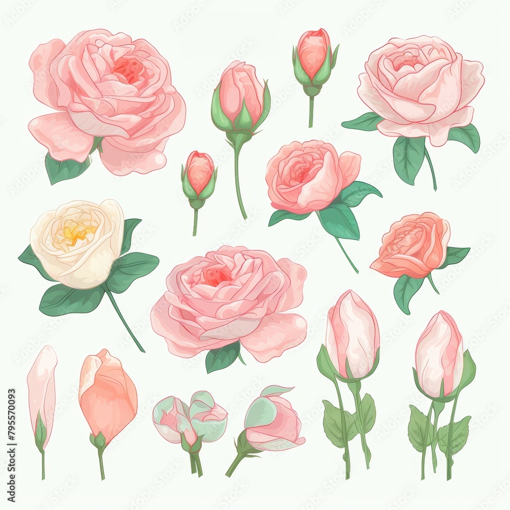 Elegant collection of roses in watercolor, featuring soft pastel tones, each flower meticulously isolated on white, water color, drawing style, isolated clear background Elegant collection of roses in watercolor, featuring soft pastel tones, each flower meticulously isolated on white, water color, drawing style, isolated clear background