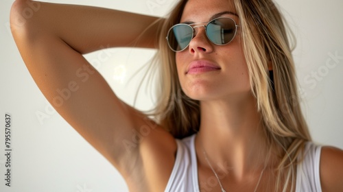 Model woman wearing sunglasses, portrait fashion summer long hair elegance
