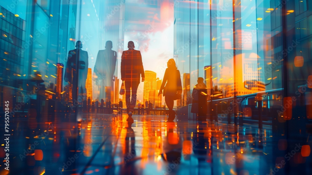 Business chart double exposure, people walking in city, built structure architecture urban skyline window working Business chart double exposure, people walking in city, built structure architecture urban skyline window working