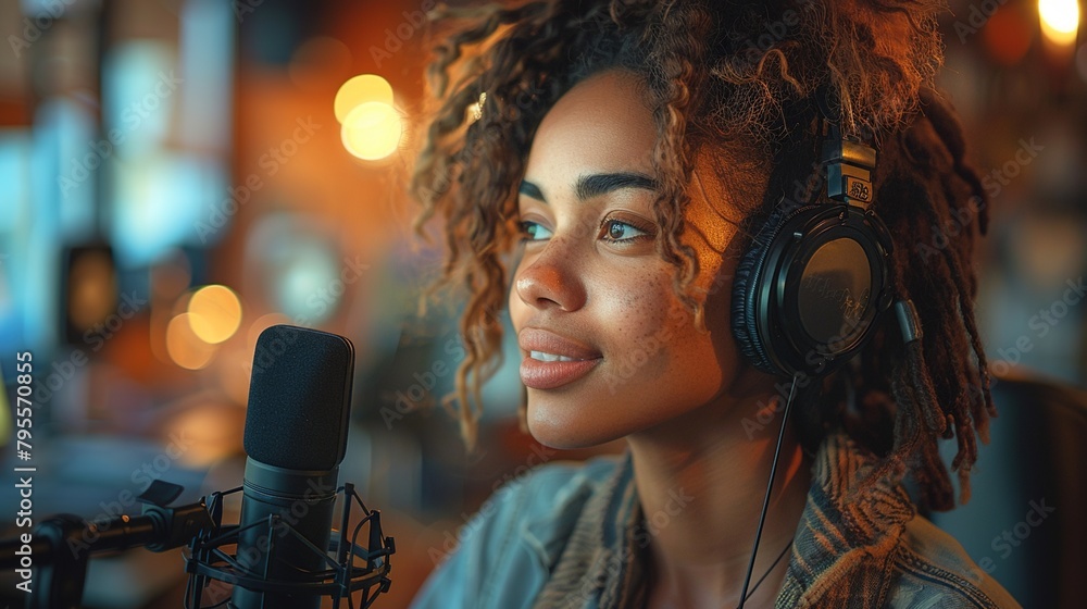 Portrait of female pod-caster making audio in studio Portrait of female pod-caster making audio in studio