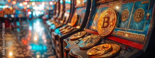 A lively, festive photo of a Bitcoin-themed carnival with games, prizes, and decorations all centered around cryptocurrency themes.