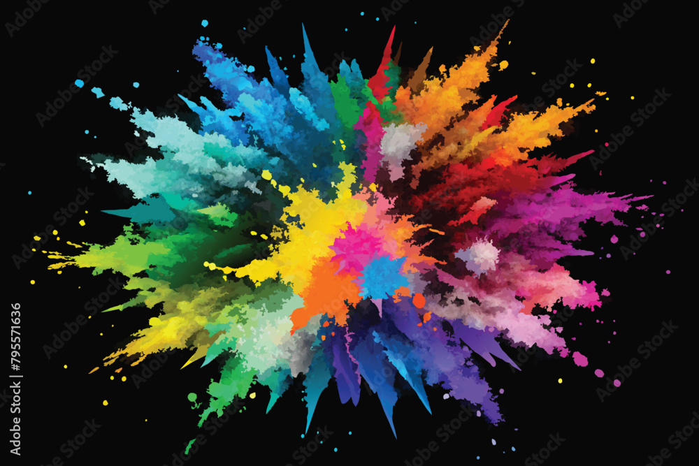 colorful rainbow holi paint color powder explosion vector, isolated wide black panorama background