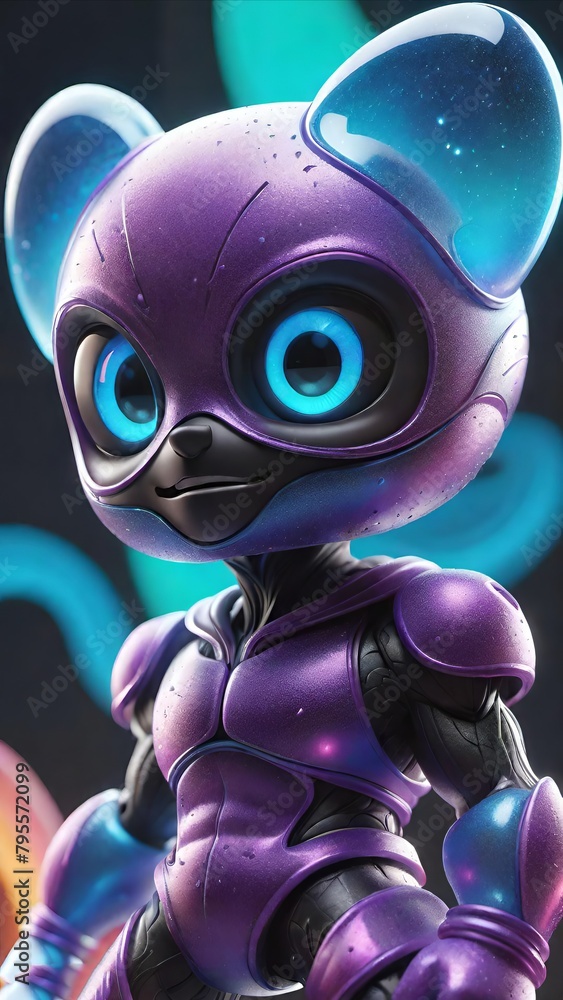 Fototapeta premium Cute Alien Astronaut with Big Eyes in Futuristic Suit Against Dark Background Illustration