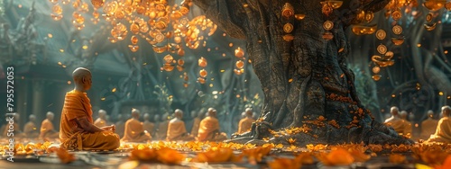 A peaceful monastery where monks meditate under a tree adorned with hanging Bitcoins.