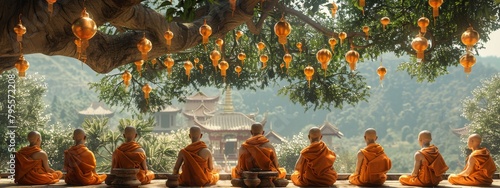 A peaceful monastery where monks meditate under a tree adorned with hanging Bitcoins.